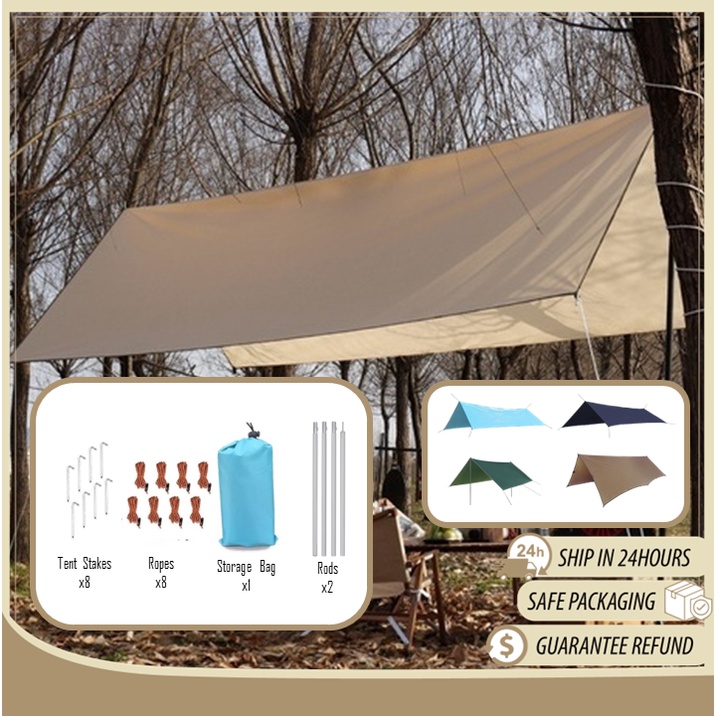Full Set Flysheet 300*300cm Rods Included Ground Sheet Tarp Tent UV Protection Outdoor Bumbung