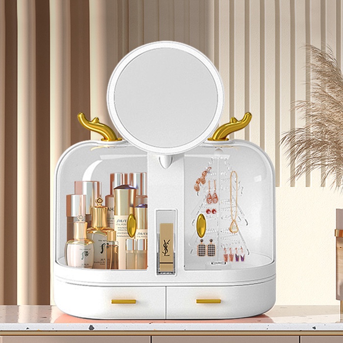 SKM LED Mirror Makeup Skincare Organizer Rotatable Cosmetic Jewelry USB