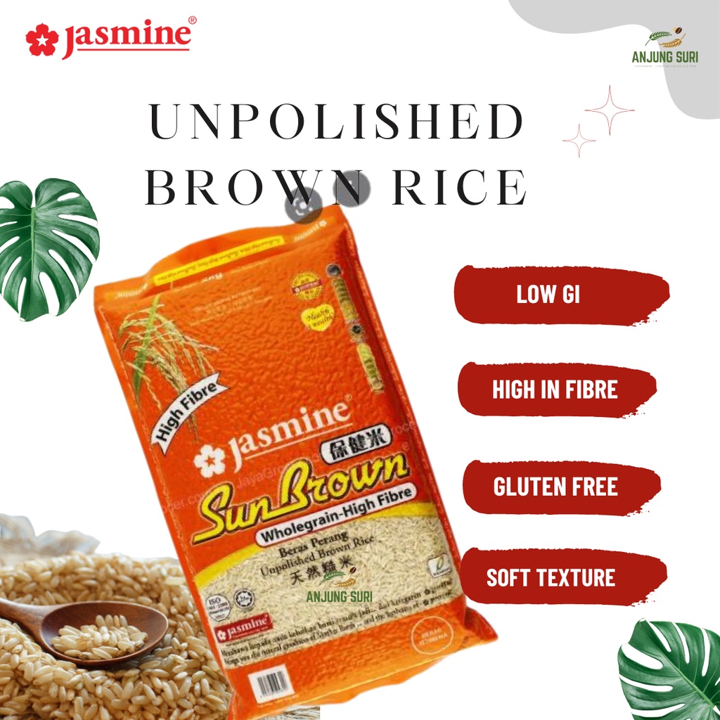Jasmine Sun Brown Unpolished WholegrainHigh Fibre Rice 2kg Vacuum Packed Beras Tinggi Fiber