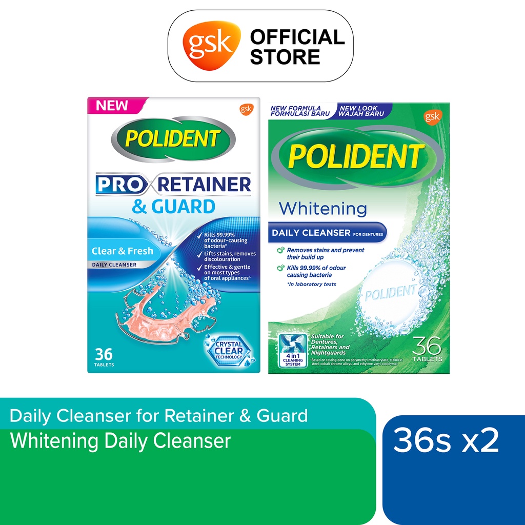 Polident Denture & Retainer Cleaning Tablets Whitening Cleanser + Pro