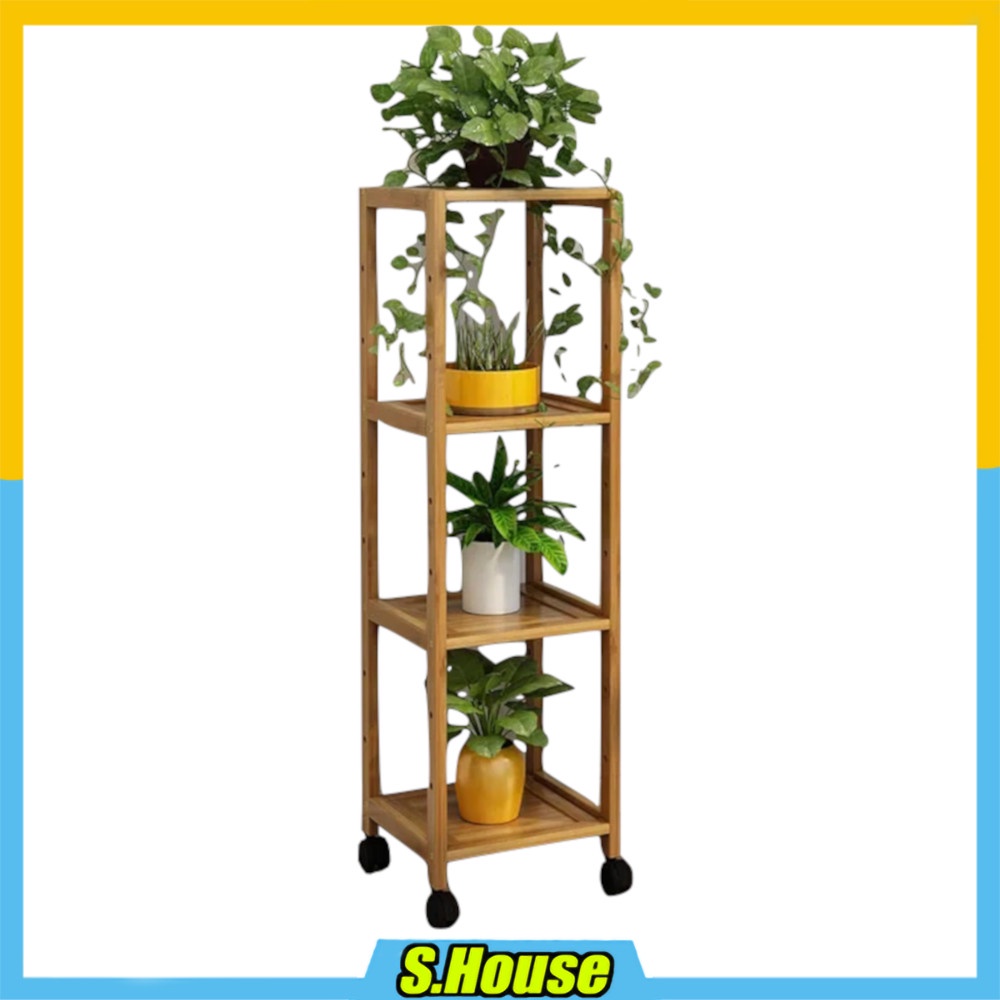 Wooden Shelf Wheel Rack Flower Pot Vase Garden Plant Stand Rak Roda 4 ...