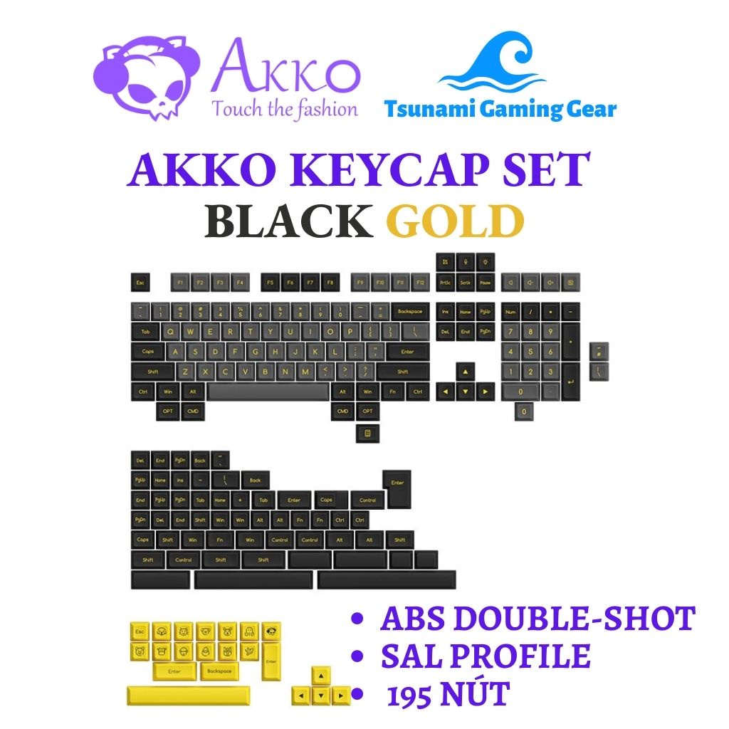 Akko Black Gold keycap set (SAL profile/ ABS Double-Shot/ 195 buttons ...