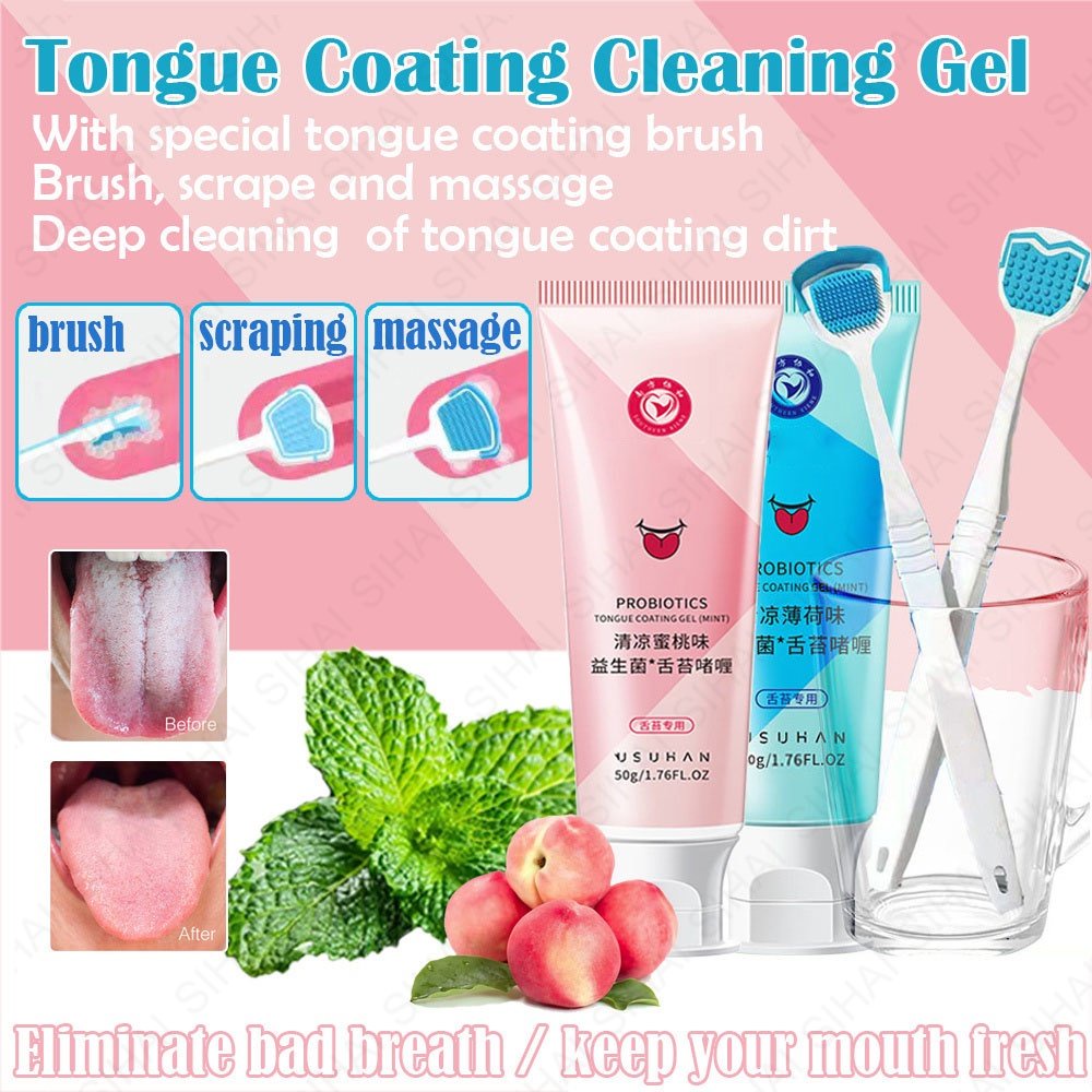 Beauty 50g Peach & Mint Tongue Coating Cleansing Gel with Silicone Tongue Scraper Brush Cleaning