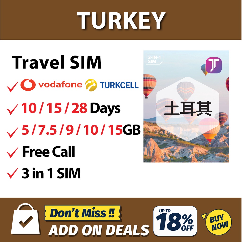 Jtravel 【Turkey】【10 / 15 Days】Turkey Travel Prepaid Sim Card Shopee