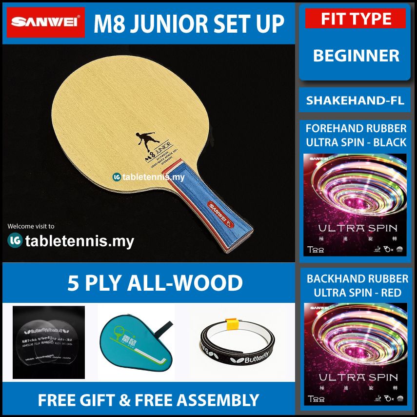 Sanwei Table Tennis Racket Set Up M8 Junior All Wood Blade Ultra Spin ...
