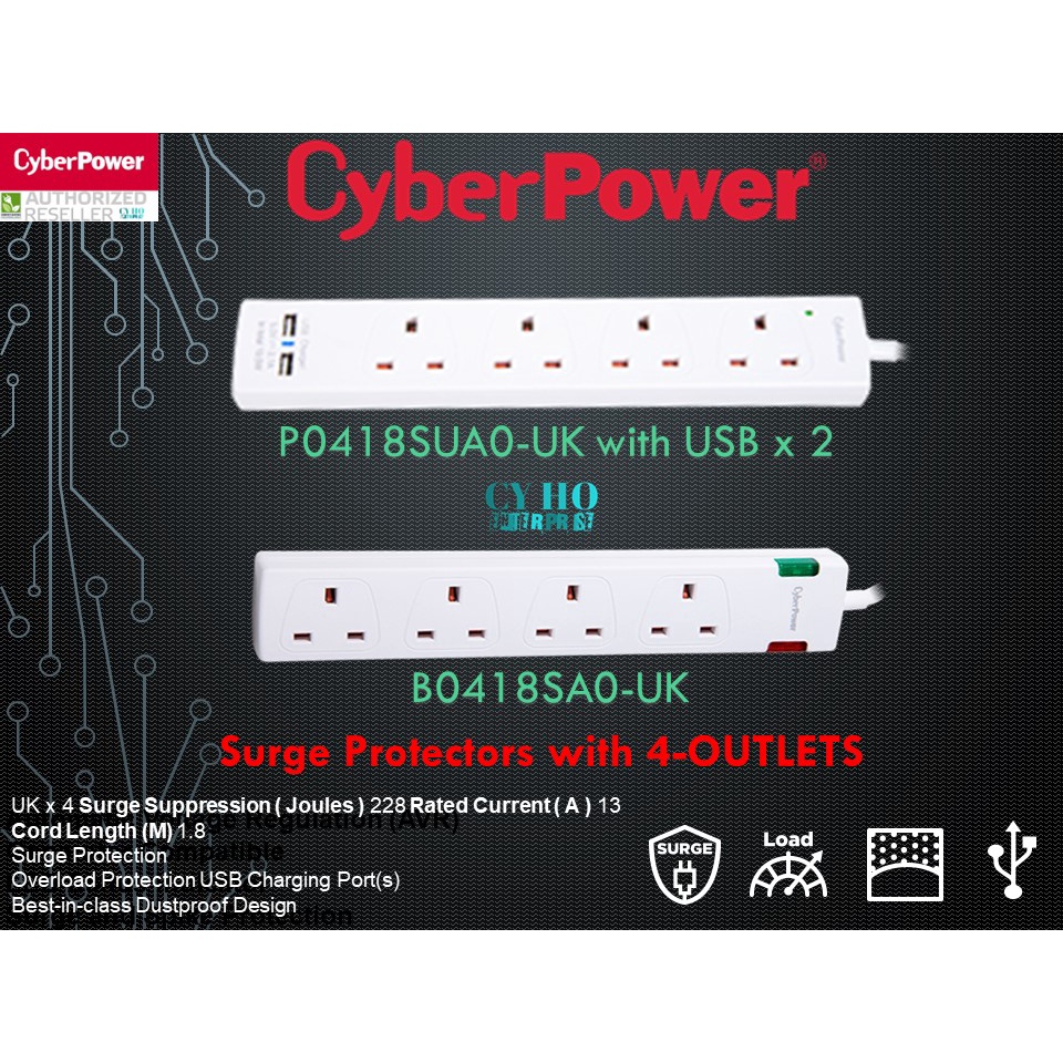 Cyberpower P0418SUA0 Surge Portector 4 Gang UK Plug Point 2.1A USB ...