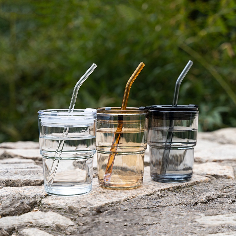 Glass Cup With Glass Lid Straw Nordic Transparent Glass Cup Coffee Wine  Milk Cup