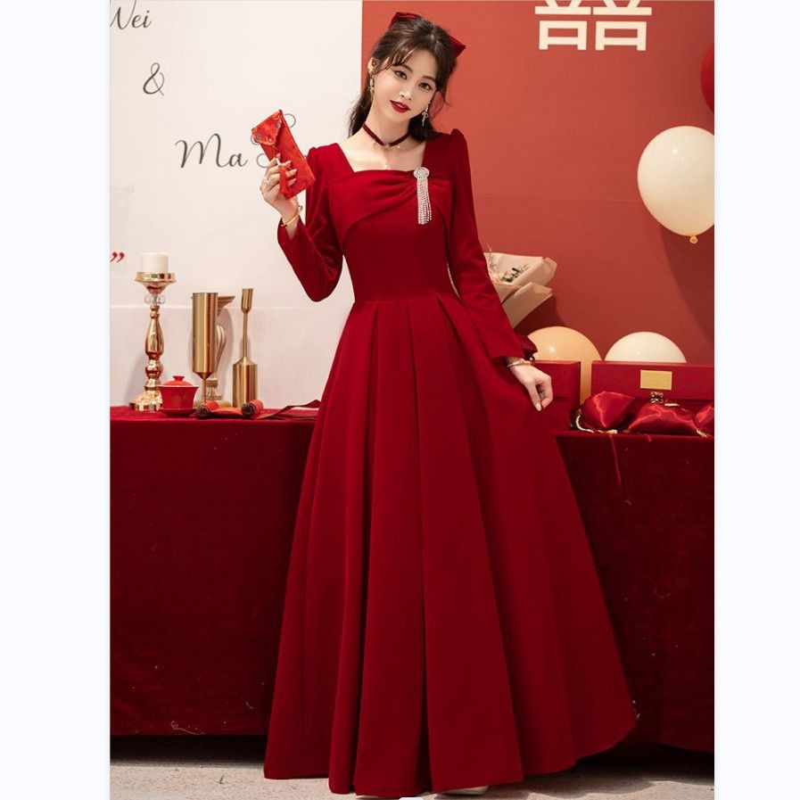 Wine Red Wedding Toast Dress Bride's Autumn Engagement Dress French Evening  Dress Female | Shopee Malaysia