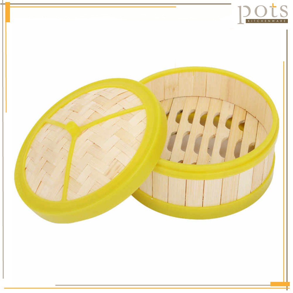 Bamboo Dim Sum Steaming Basket Cage Cover with Yellow Plastic Edge ...