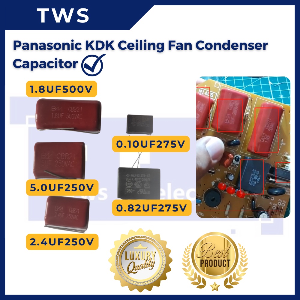 TWS Panasonic KDK Ceiling Fan Condenser Capacitor 1.8uF 2.4uF 5uF 0.1uF