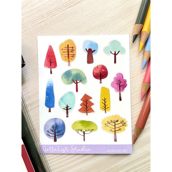 Watercolor Tree Stickers for Planner Hobonichi, Bullet Journal. Cute ...