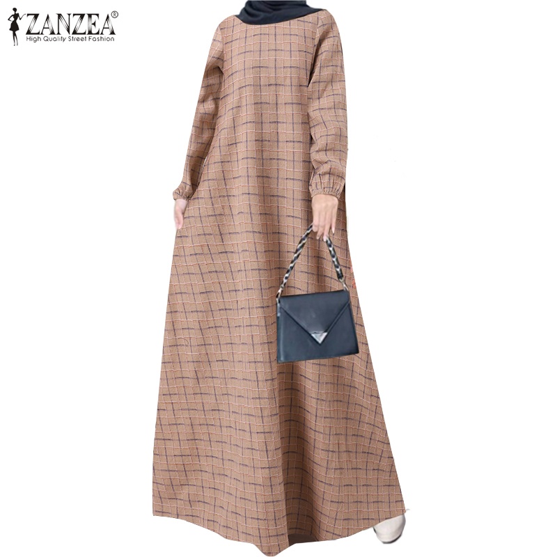 Zanzea Women Muslim Street Fashion Puff Sleeve O Neck Grid Maxi Dress