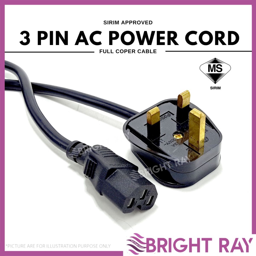 SIRIM Power Cord 3 Pin Plug Power Supply Cable Malaysia Plug 13A Fuse
