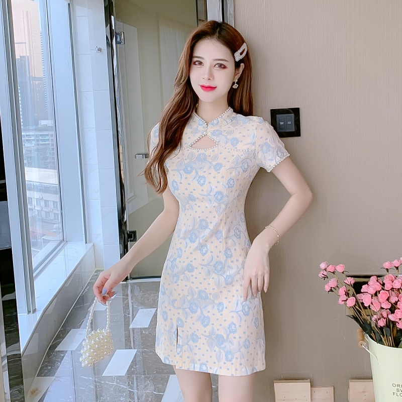 Women chinese traditional wear floral cheongsam short sleeve dress