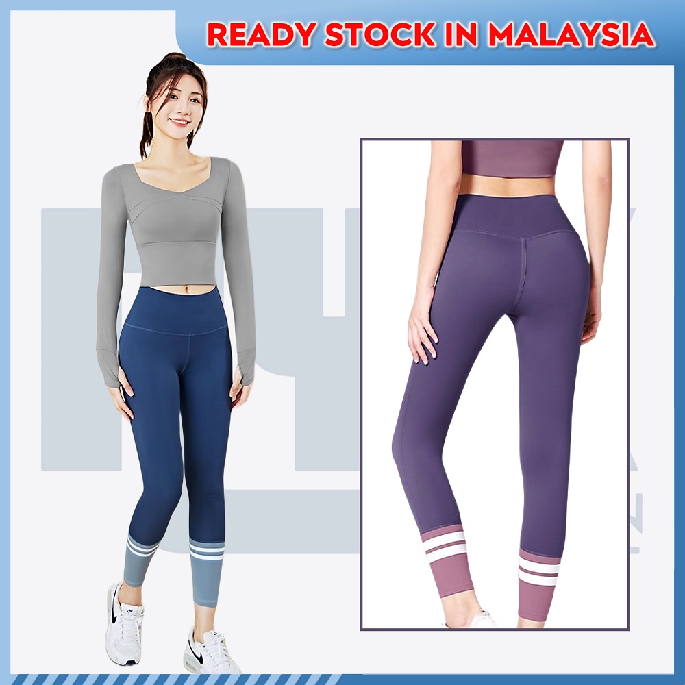 NYK High Waist Color Stitching Sports Leggings Hip Lifting Lady Workout Yoga  Pants Tight Fit Stretchable Sports Pant WHALE BLUE 香鲸蓝 S