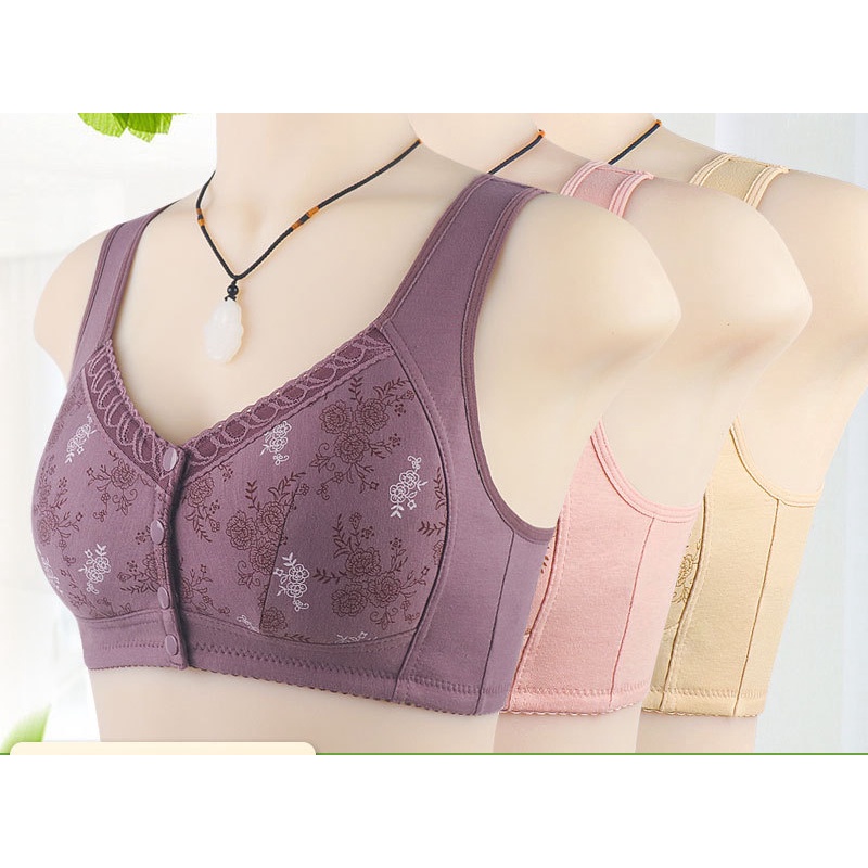 Soft cup front buckle middle-aged and old-aged printed underwear women's  new large size bra with wide shoulder strap vest without steel ring