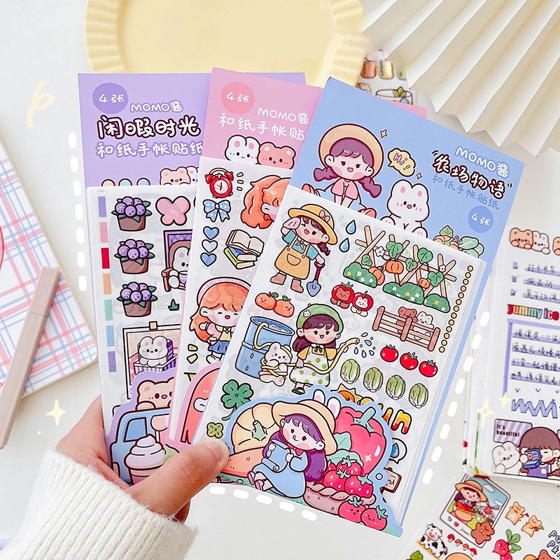 4 Sheets Cute Cartoon Girl Washi Stickers Student Handbook Deco DIY ...