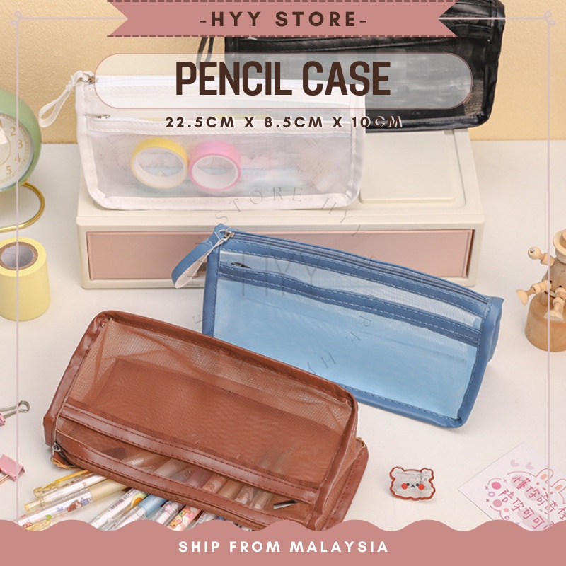 Simple Transparent Mesh Pencil Bag Double Layer Zipper Pencil Case ...