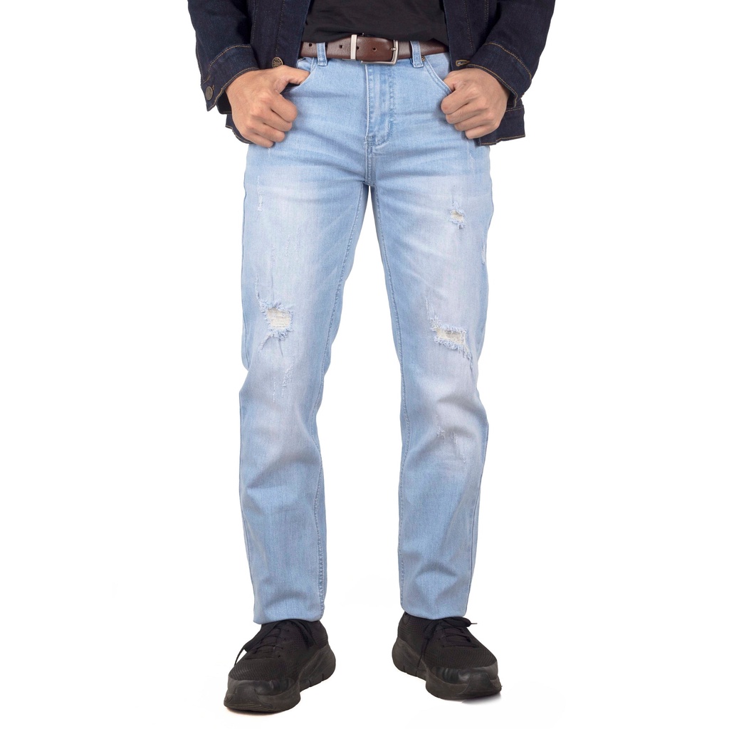 EXHAUST Stretchable Ripped Jeans Long Pants [303 Slim Fit]Blue/M. Blue