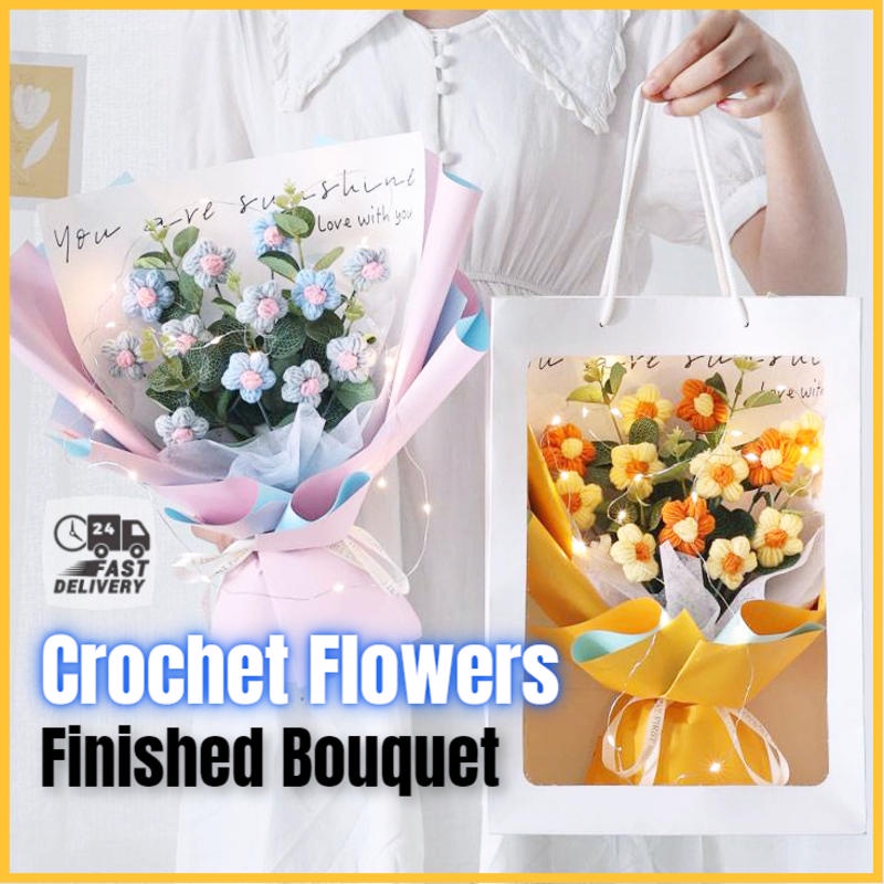 Crochet Flowers Bouquet Knitted Puff Flower Wool Bouquet Artificial Flower Gift for