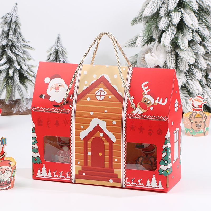 Christmas cartoon house portable gift box 3 pcs cupcake packaging box ...