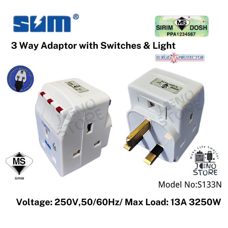 SUM 3 WAY 3 PIN UK adaptor with Individual switch & surge protector
