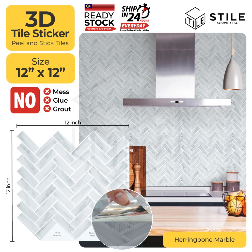 Herringbone Marble 3D Tiles Sticker Kitchen Bathroom Wall Tiles Sticker Self Adhesive Backsplash