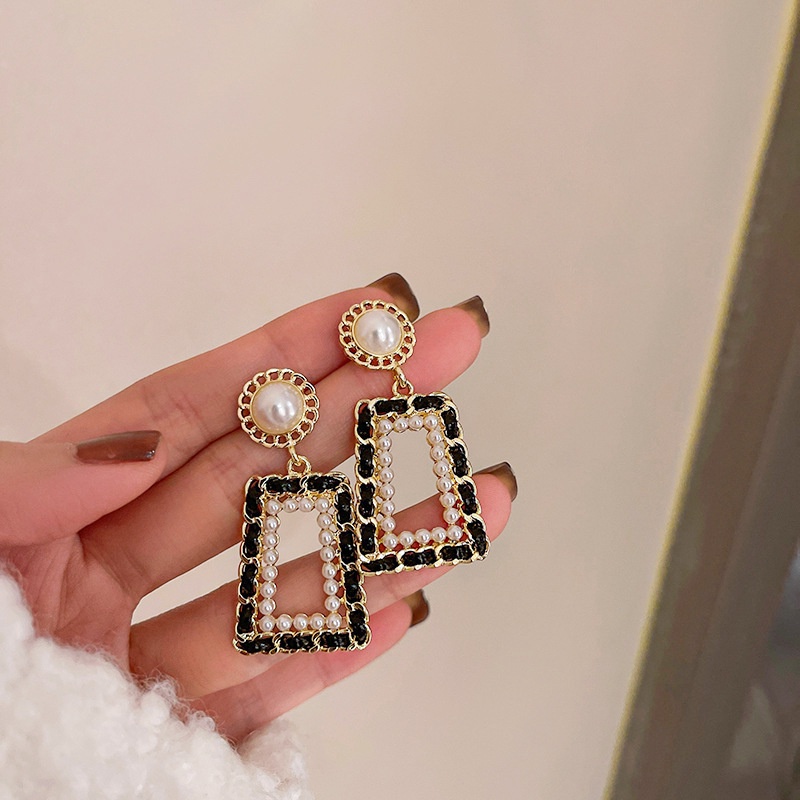 20222 Vintage Black Dripping Pearl Geometric Earrings Female | Shopee ...