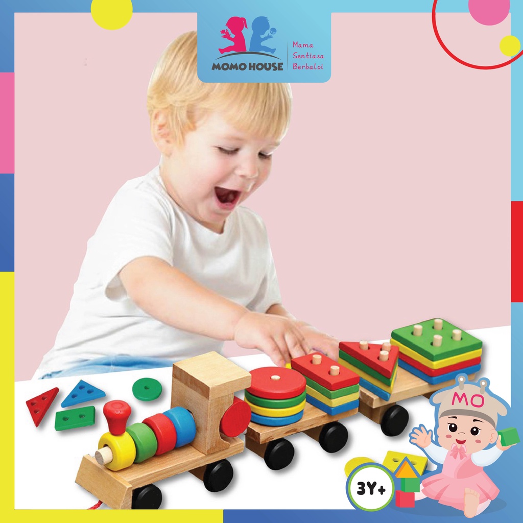 Wooden Walking Train Stacking Geometry Shape Block Kids Toy Matching ...
