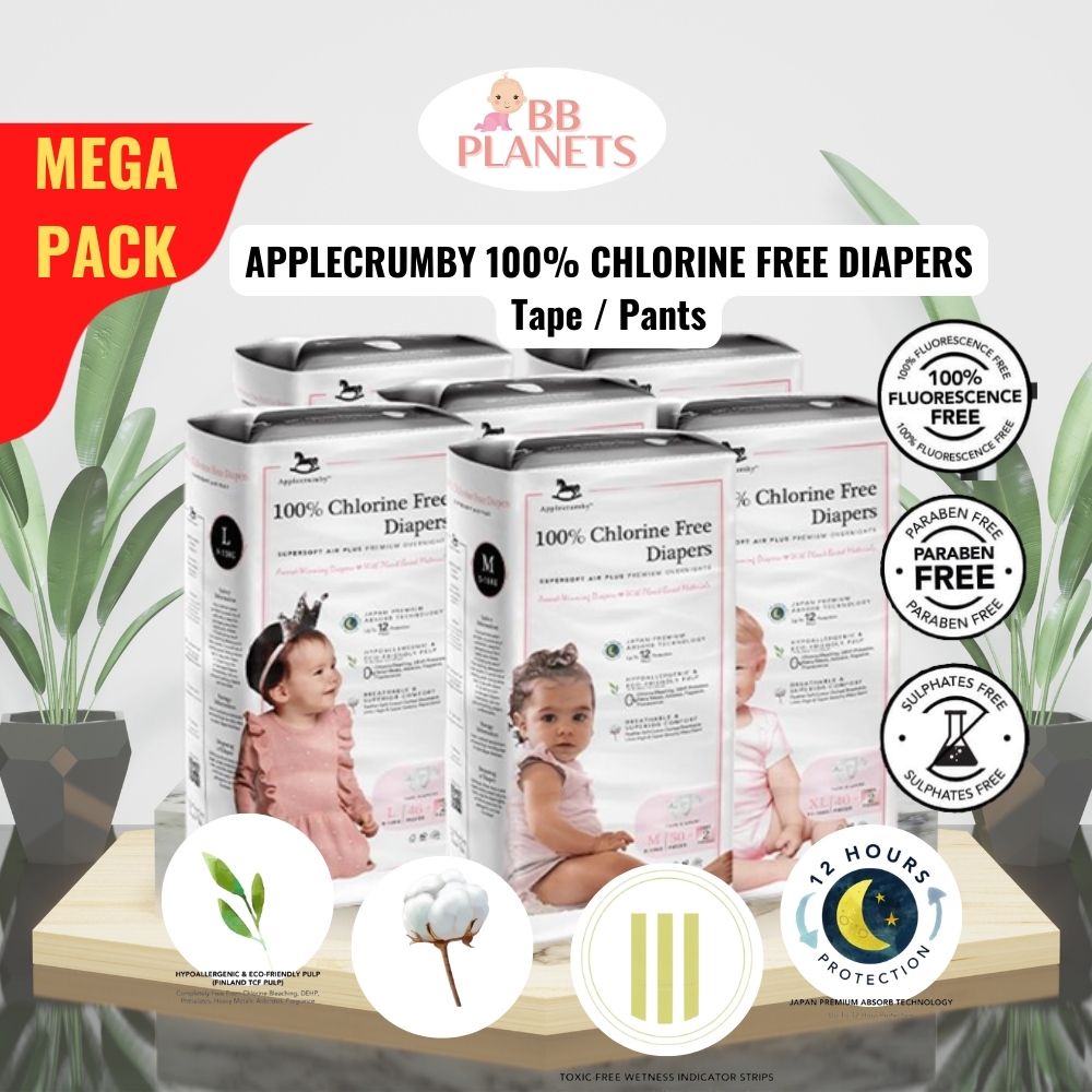 Applecrumby Mega Pack Baby Diapers Chlorine Free Premium Overnight Tape/Pants Lampin Shopee
