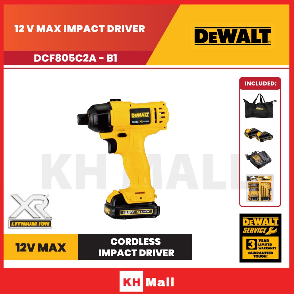 DEWALT DCF805C2A-B1 12V Cordless 1/4 Impact Driver With 27pcs Standard ...