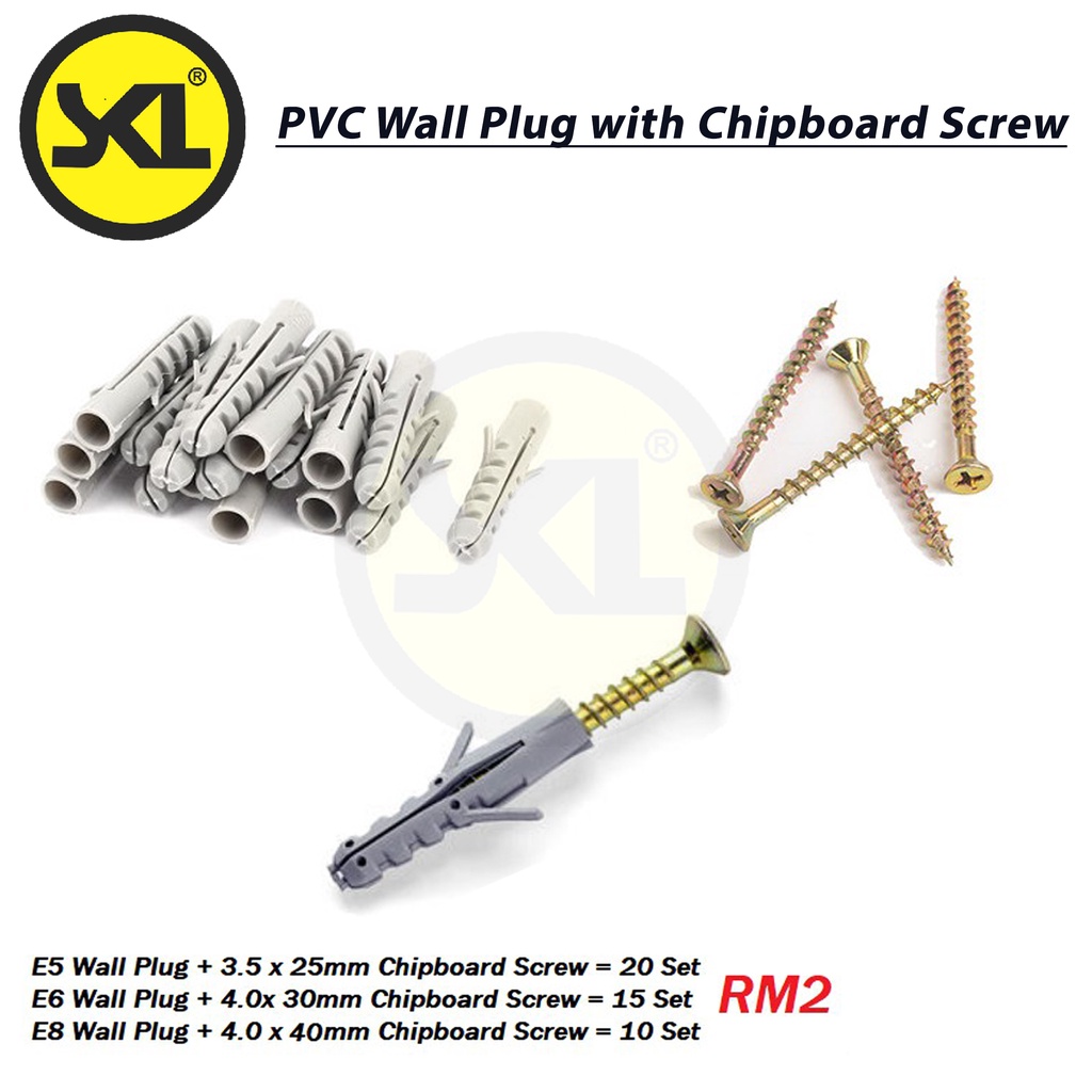 PVC Wall Plug E5 E6 E8 with Chipboard Screw / Gold Screw Shopee Malaysia