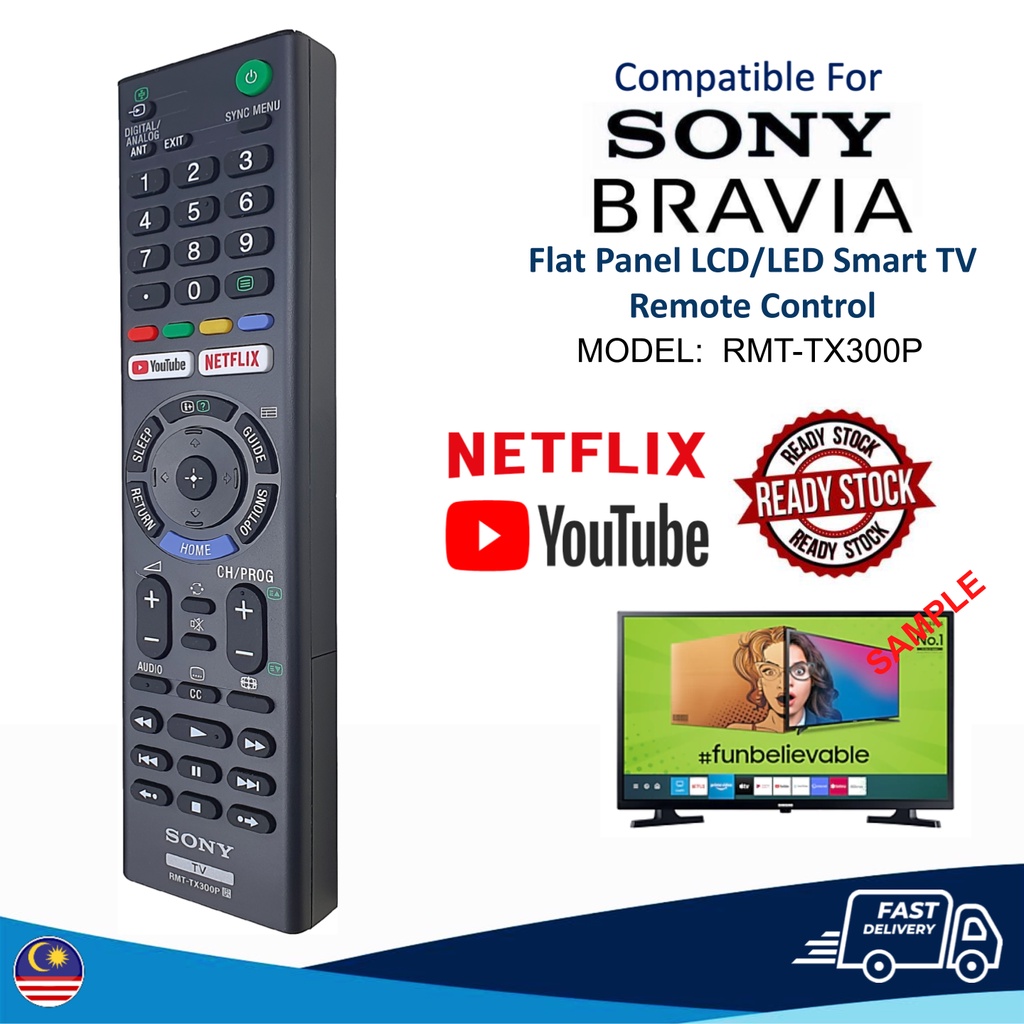 Sony RMTTX300P Flat Panel LED LCD TV Remote Control YouTube Netflix