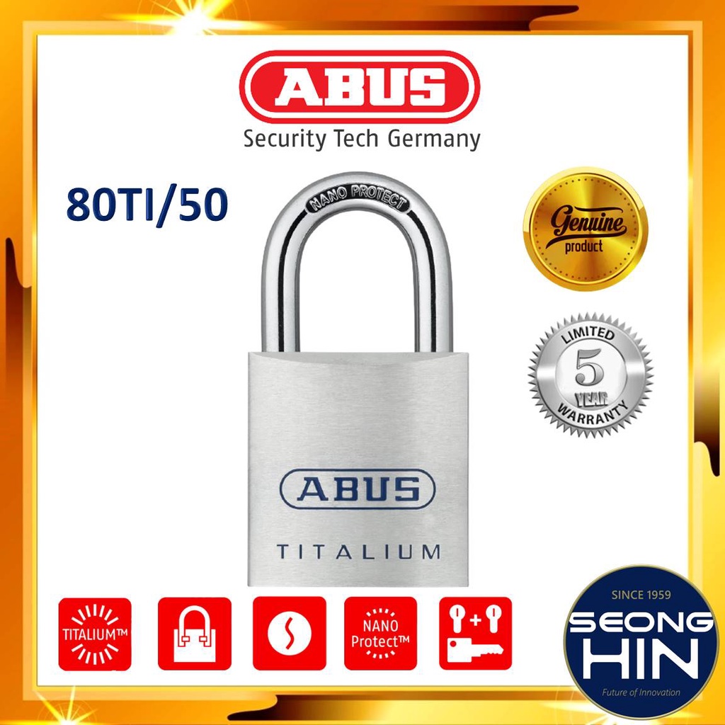 ABUS 80ti/50 Titalium Padlock - 50mm Aluminum Alloy Security Lock Keyed KA8012