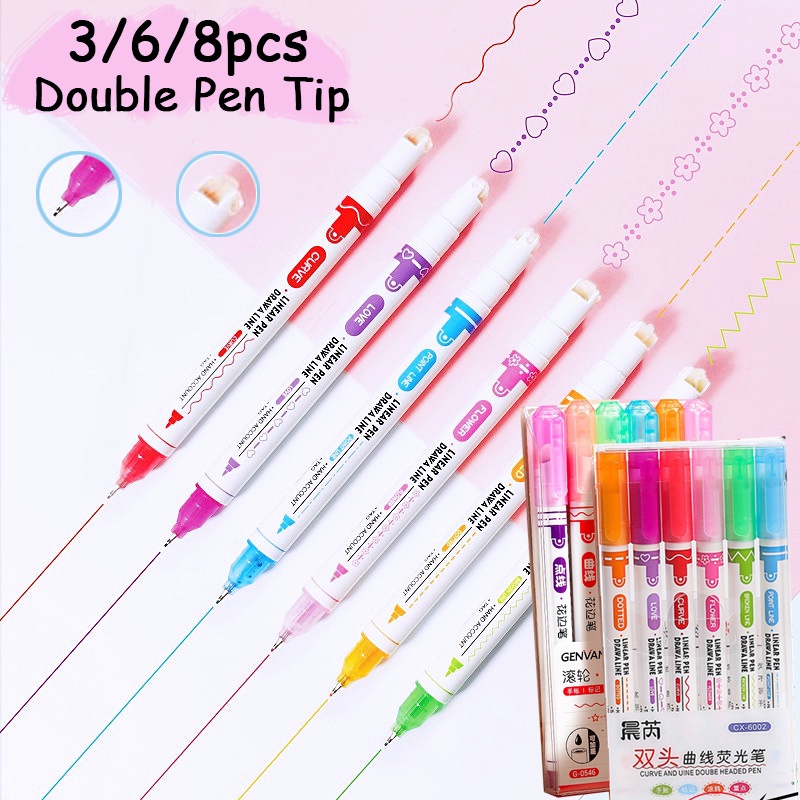 3/6/8pcs Curve Highlighter Pens Double-headed Dotted Lines Contour Pen ...