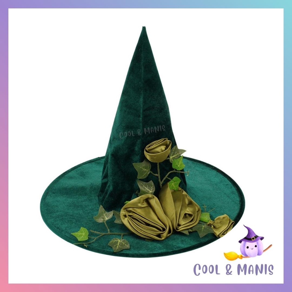 Green Rosette Velvet Witch Hat Adult Halloween Wizard Hat Party ...