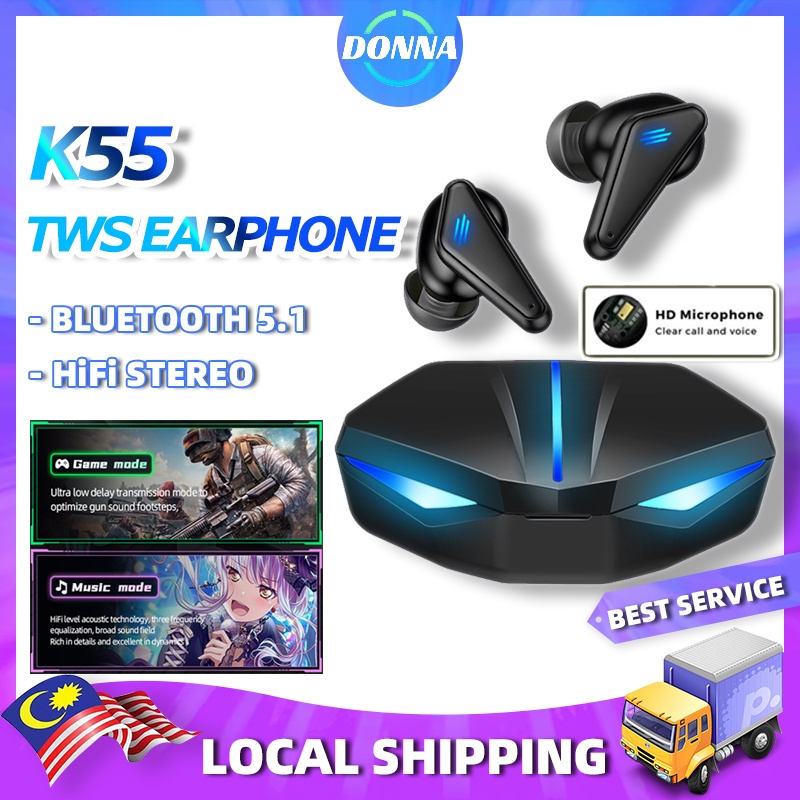 K55 Earphone Bluetooth Gaming TWS Wireless Earbud Dual Mode Switching