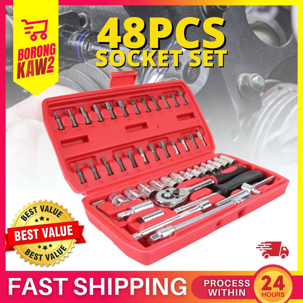 48pcs 1/4 Inch Socket Set Hand Tool Ratchet Set Tool Kit Hand Repair