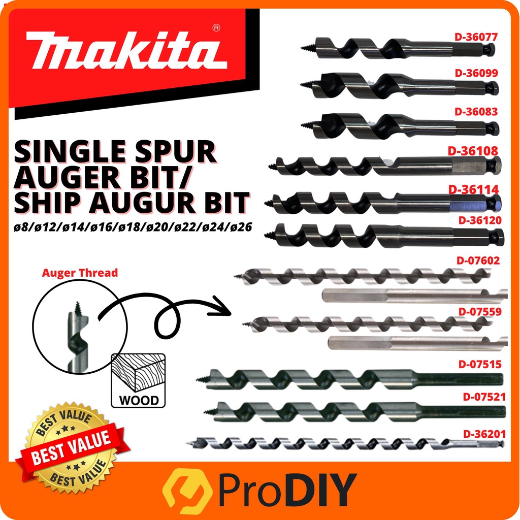 Makita Single Spur Auger Bit / Ship Auger Bit 470 / 450 / 400 / 165mm Long Auger Drill Bits Wood