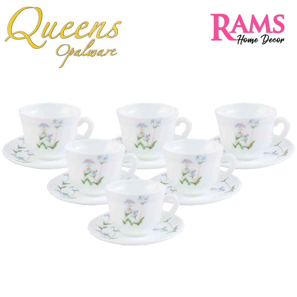 Queens 12 Pcs Opal Glass Cup & Saucer Set / Opalware Cup & Saucer Set