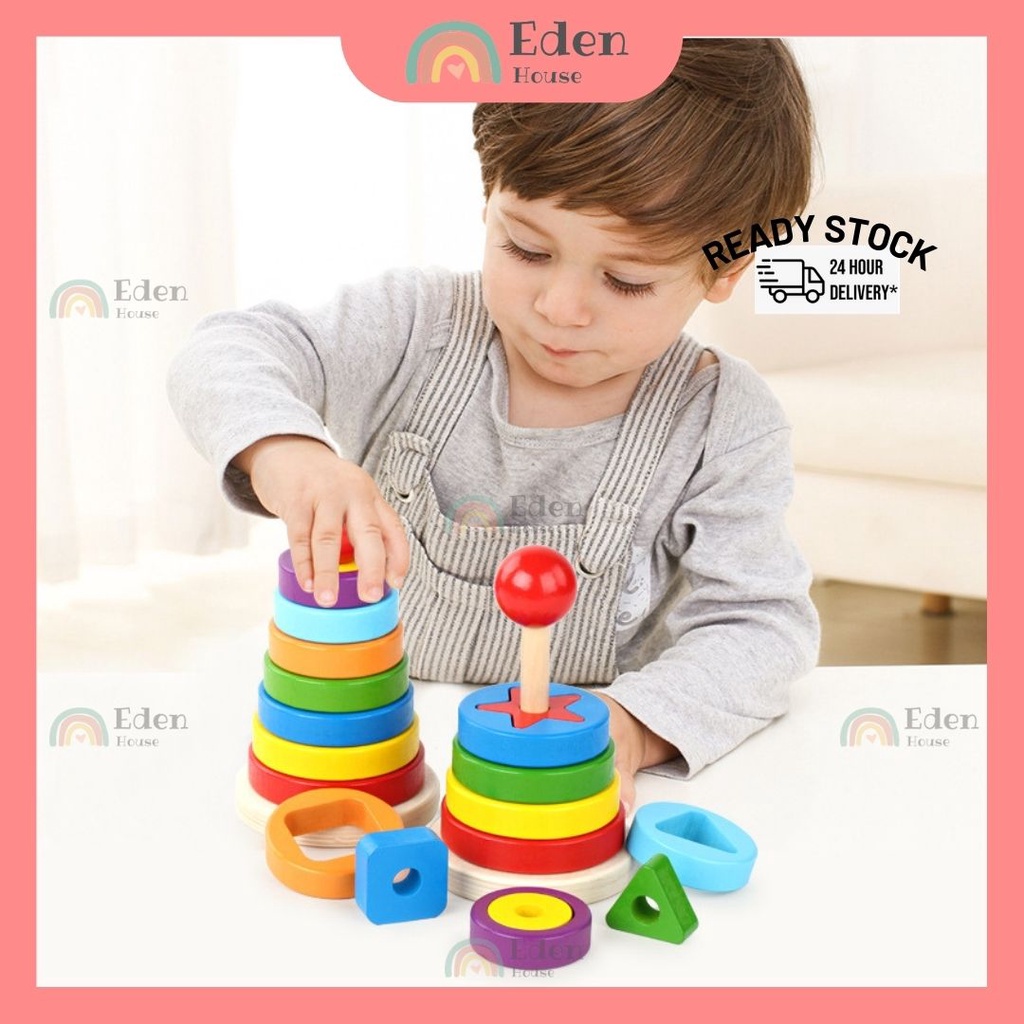 Wooden Stacked Rainbow Tower Blocks Montessori Early Learning Geometric ...