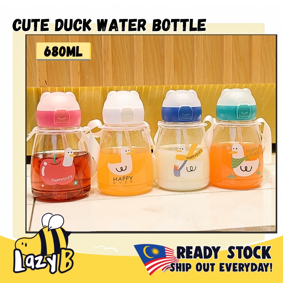 Lazyb 680ml Kids Water Bottle Happy Duck With Straw Shoulder Strap