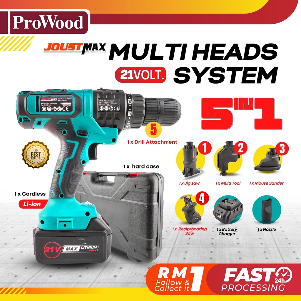 Joustmax Lino 5 In 1 Multi Head Cordless Combo Set Drill Attachment Jig