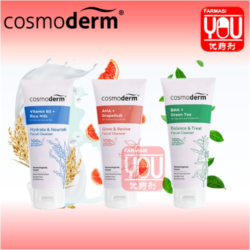 COSMODERM FACIAL CLEANSER VITAMIN B5 + RICE MILK/BHA + GREEN TEA/AHA
