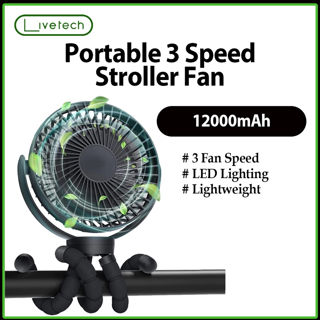 LiveTech 12000mAh Portable Stroller Fan fan USB Rechargeable Mini Kipas ...