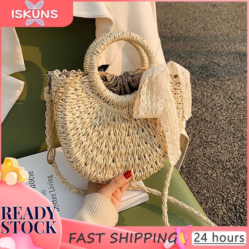 Iskuns Straw Shoulder Bag Beg Rotan Woman Half Round Rattan Woven Ribbons Straw Sling Bags Beach