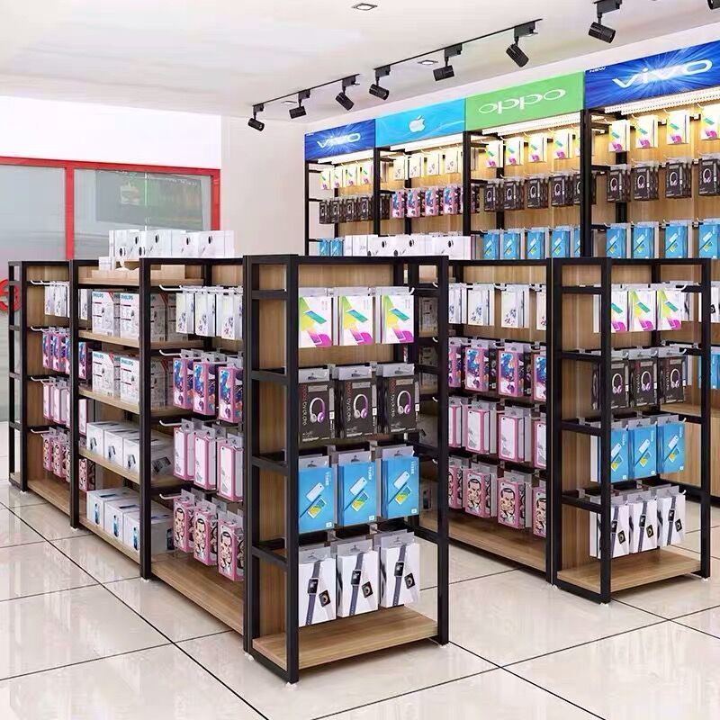 Supermarket shelves store shelves mobile phone accessories display