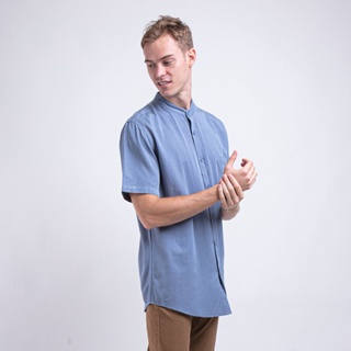 Forest Cotton Woven Short Sleeve Mandarin Collar Plain Men Shirt