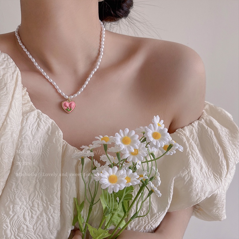 Elegant Pearl Necklace Y2K Aesthetic Tulip Butterfly Crystal Choker ...