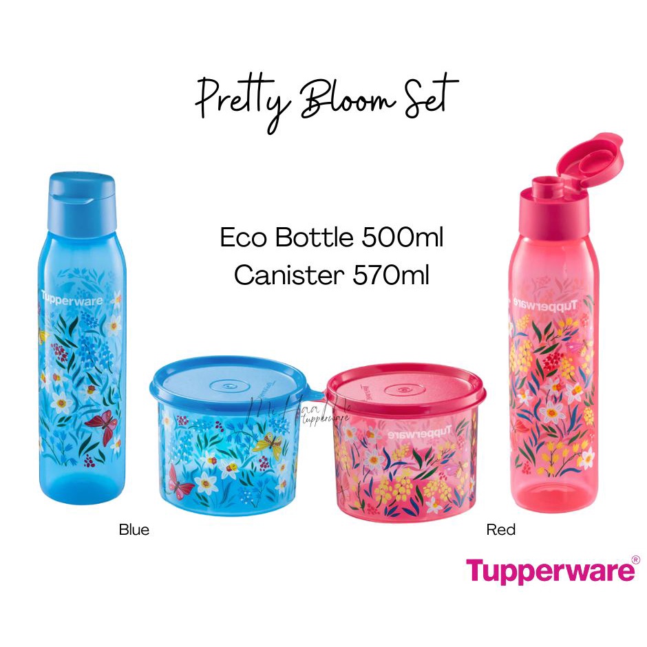 Tupperware Pretty Bloom Bottle 500ml & Canister 570ml Set Blue / Red ...